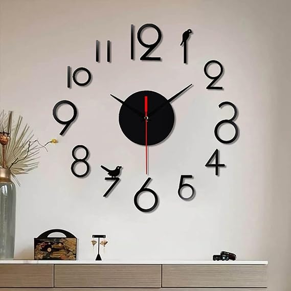 Yuanpgky 3D Frameless Wall Clock with Silent Movement and DIY Number Stickers for Home Decor, Living Room, Bedroom and Office - 60cm Diameter Acrylic Mirror Design with(Black)