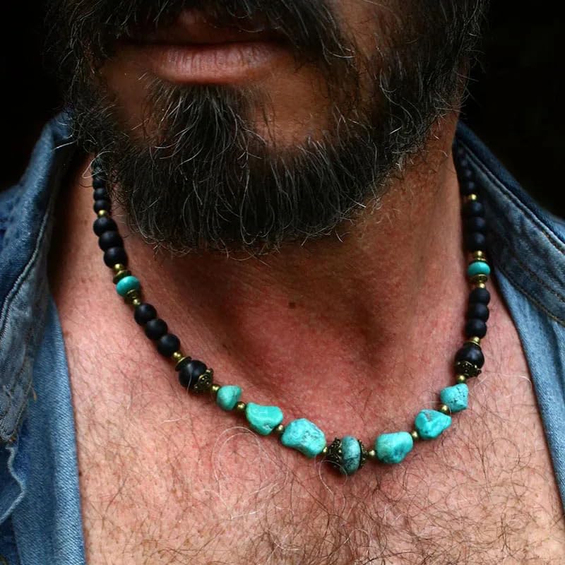 Beaded Necklace for Men,Handmade Men Turquoise Beaded Choker,Natural Wood Bead Necklaces Africa Wooden Chain Statement Unisex Strand Necklaces Hip Hop Beach Jewelry2