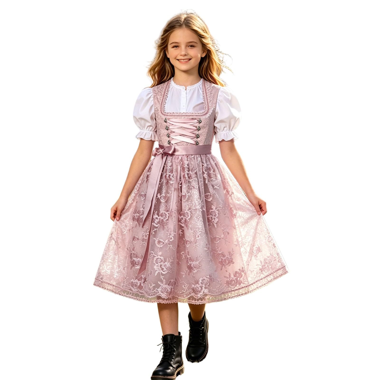 Oktoberfest - Disfraz infantil de tirolesa para niña, color amarillo con blusa y delantal de encaje, 3 piezas, traje tradicional medieval, vestido de flores, disfraz de cosplay