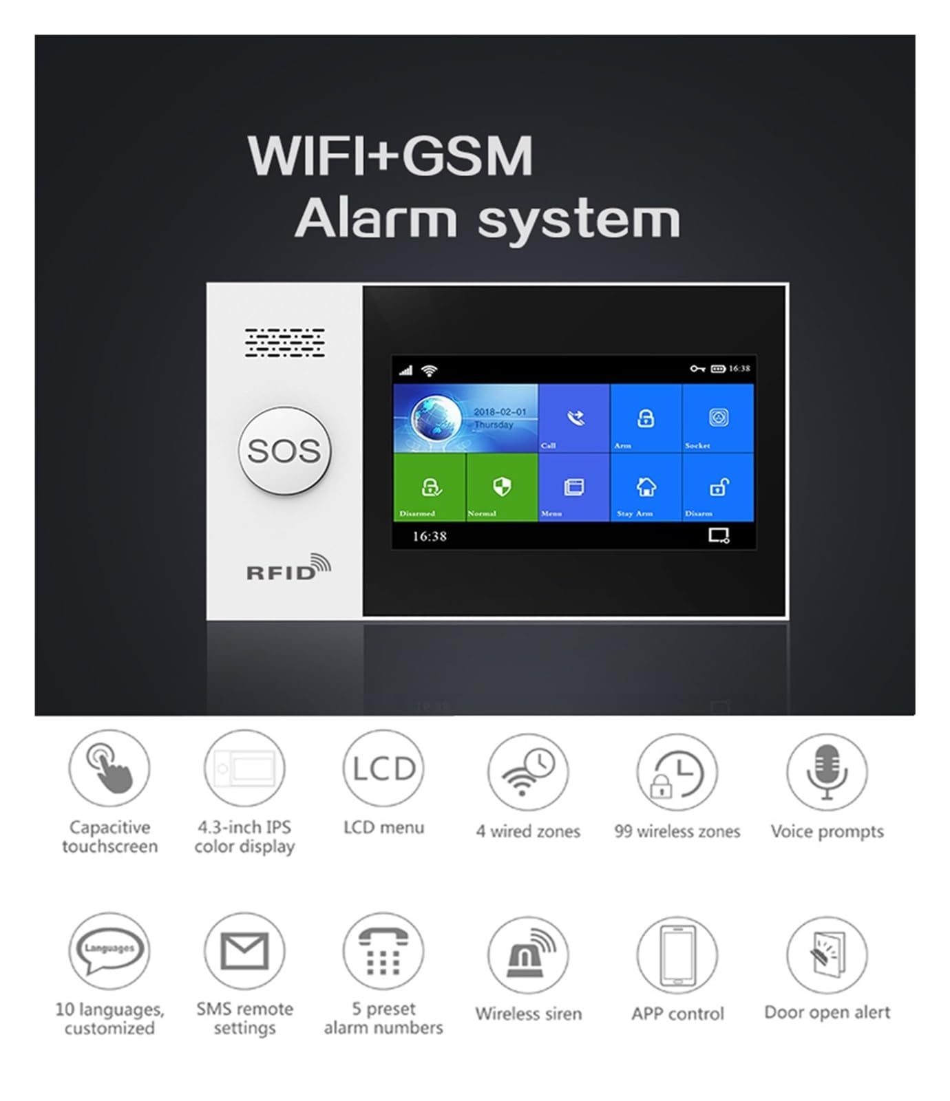 Sistema di Allarme di Sicurezza Domestica, Smart Alarm Allarme di Sicurezza da 4.3 Pollici gsm for Supporto Domestico App Chiamata/SMS Telecomando(E Kit)
