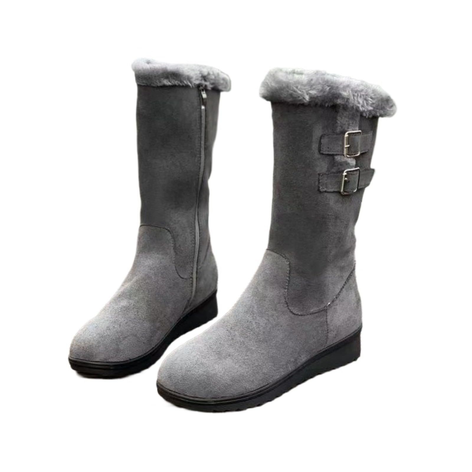 Womens Wedge Snow Boots Suede Mid Calf Boots with Side Zipper Faux Fur Lined Water Resistant Winter Boots