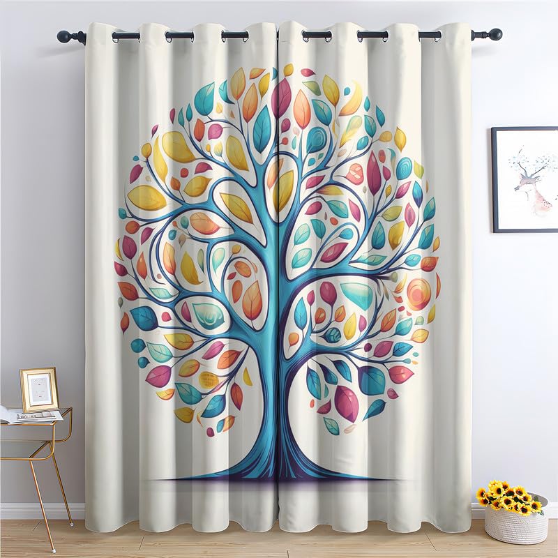 SZLYZM Tree of Life Blackout Curtains, Colorful Leaves Bedroom Curtains & Living Room Curtains 90x90 Inch 2 Panels Set, Thermal Eyelet Drapes Decorative Patterned Window Treatments 90 Drop