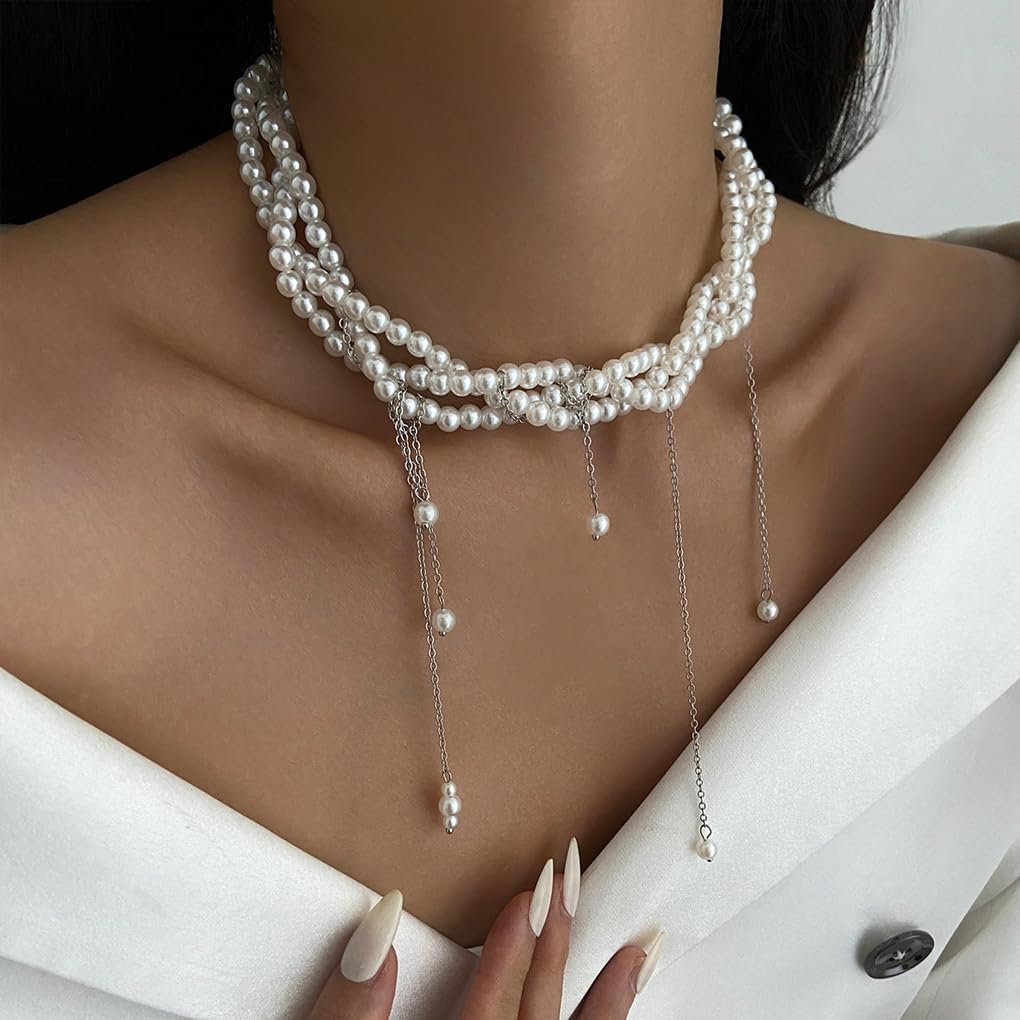 Dainty Pearl Layered Choker,Layering Small Pearl Tassel Statement Necklace,White Bead Chain Stackable Necklaces Y2k Jewelry - Image 3
