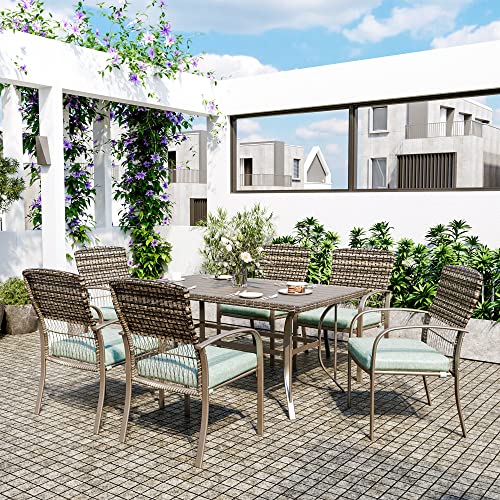 Pamapic Patio Dining Table Set, Garden Dining Set 7 Piece, Outdoor Wicker Furniture Set For Backyard Garden Deck Poolside/Iron Slats Table Top, Removable Cushions(Green) #TOP3