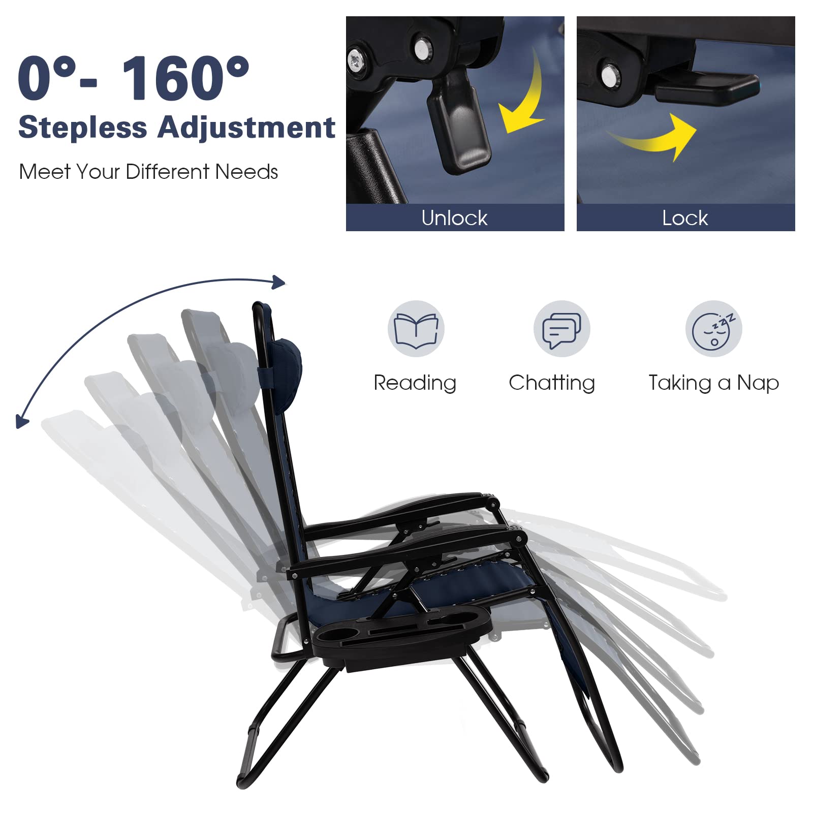 Goplus Zero Gravity Lounge Chairs, 160°Adjustable Folding Recliner w/Pillow and Cup Holder, 350LBS Comfy Outdoor Lounge Chairs for Patio, Lawn, Yard & Camp(Set of 2, Navy) - 4