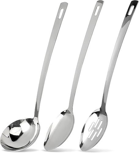 3 Piece Stainless Steel Cooking Spoons Set, Solid and Slotted Metal Serving Spoo