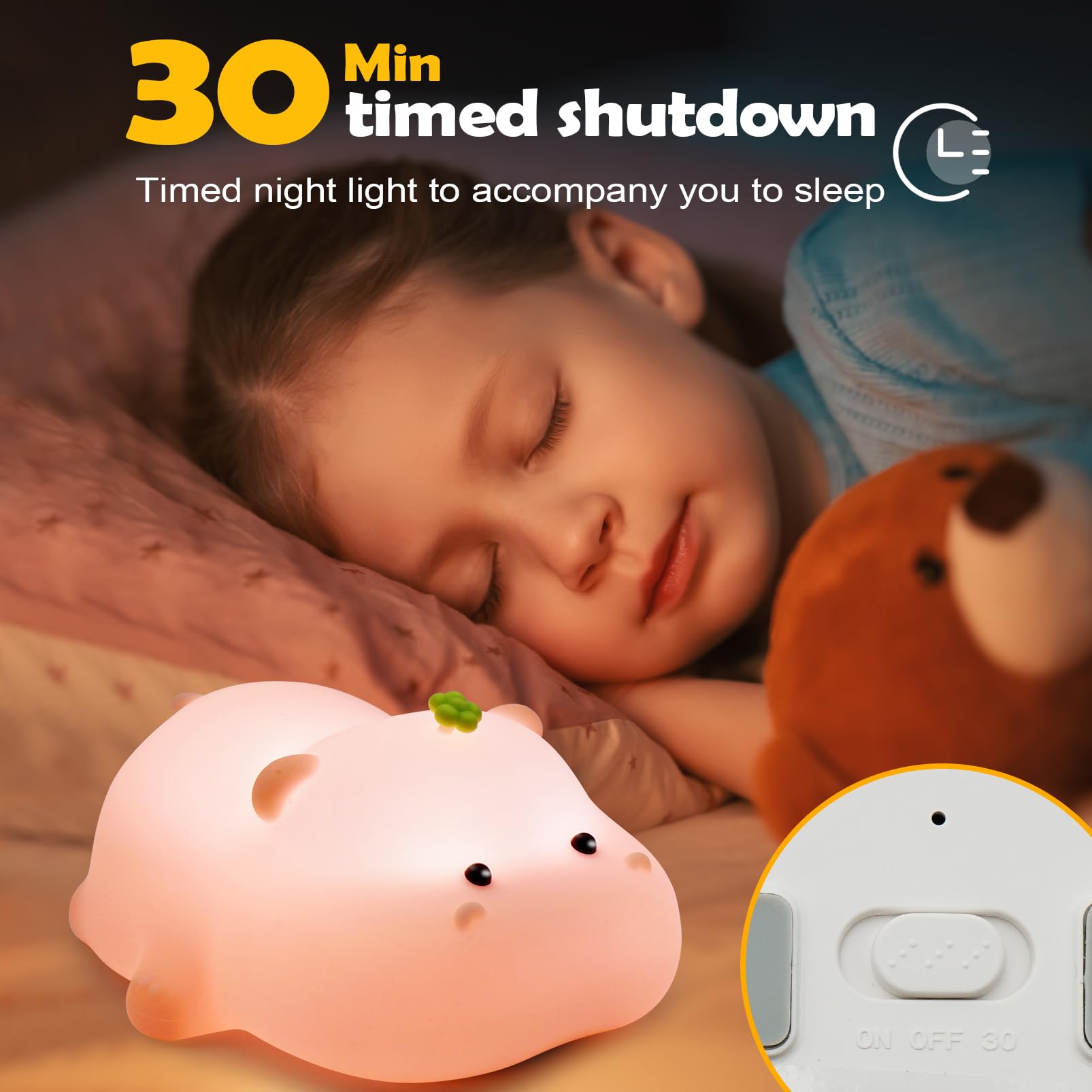 Auezona Luce Notturna Bambini, Silicone Luci Notturna Ippopotamo, Lampada Led Ricaricabile con Timer, 3 Modalità Lampada Touch, Lampada da Comodino Bambini, Regalo Neonato Bambini Ragazze
