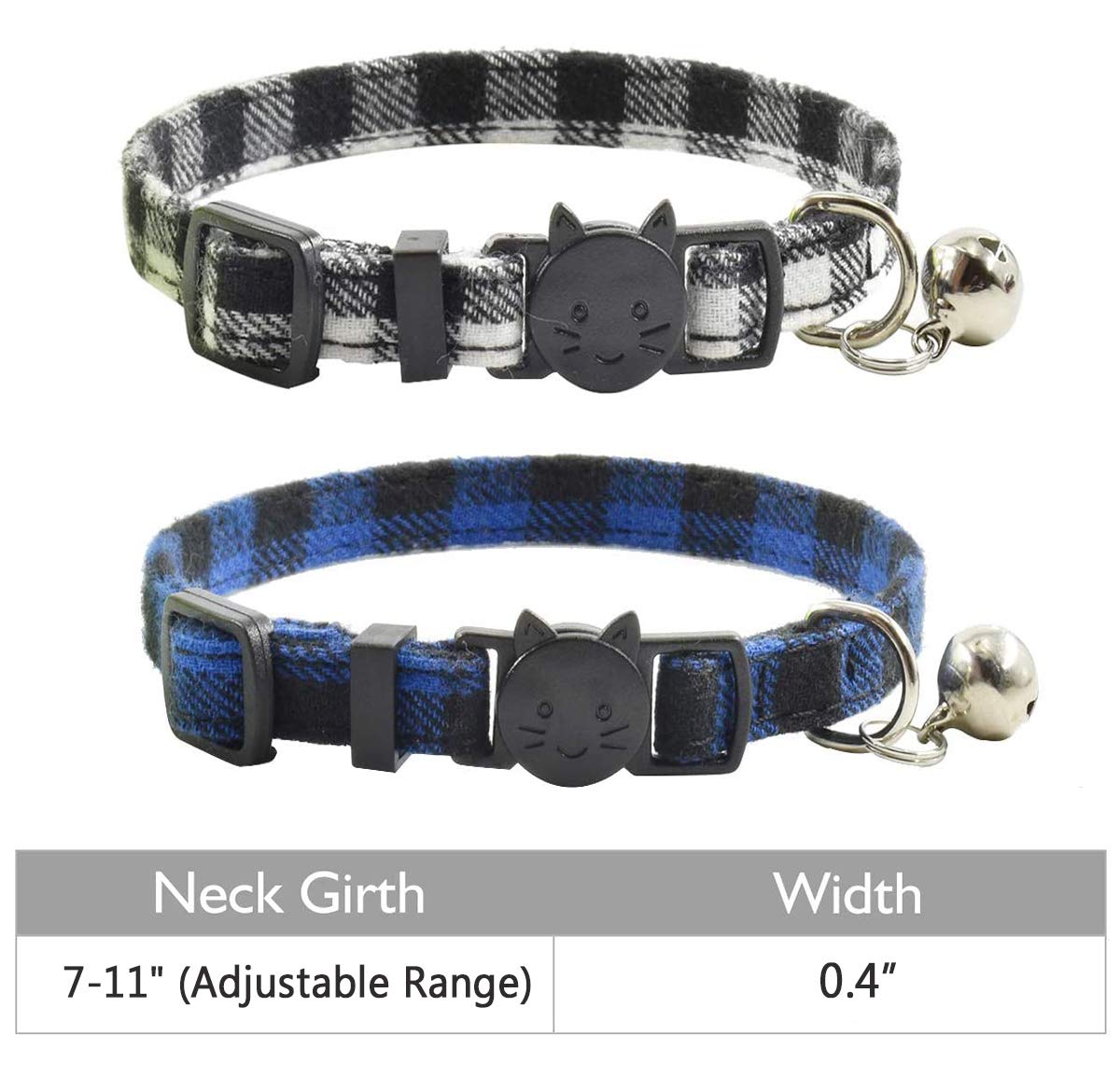 Collar de gato con campana, bonito diseño de patrones a cuadros, collares de seguridad ajustables para gatitos, paquete de 2 collares para mascotas para gatos (7-11 pulgadas, negro y azul)
