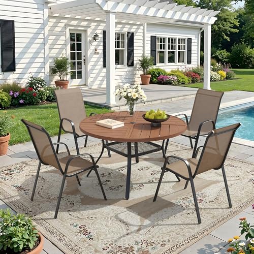 Image of DIFY Patio Chairs Set of 4, Stackable Outdoor Dining Chairs Set with Breathable Textilene High Back and All-Weather Metal Frame for Garden, Backyard, Deck, Brwon
