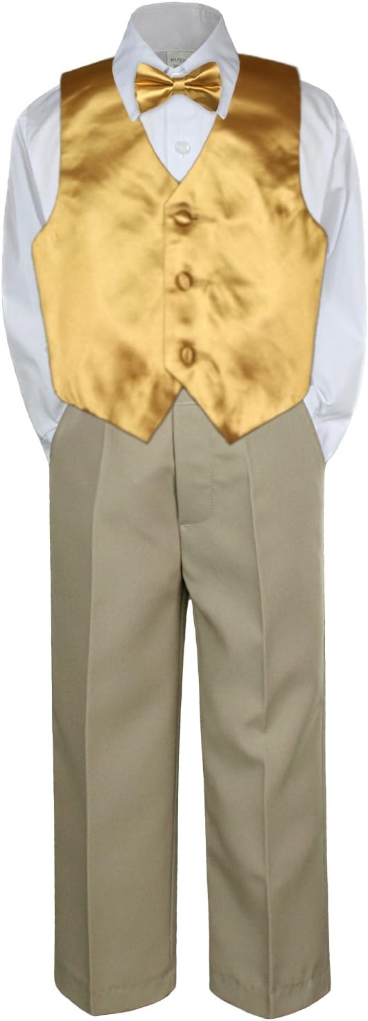 4pc Baby Toddler Kid Boy Party Suit Khaki Pants Shirt Vest Bow tie Set Sm-4T