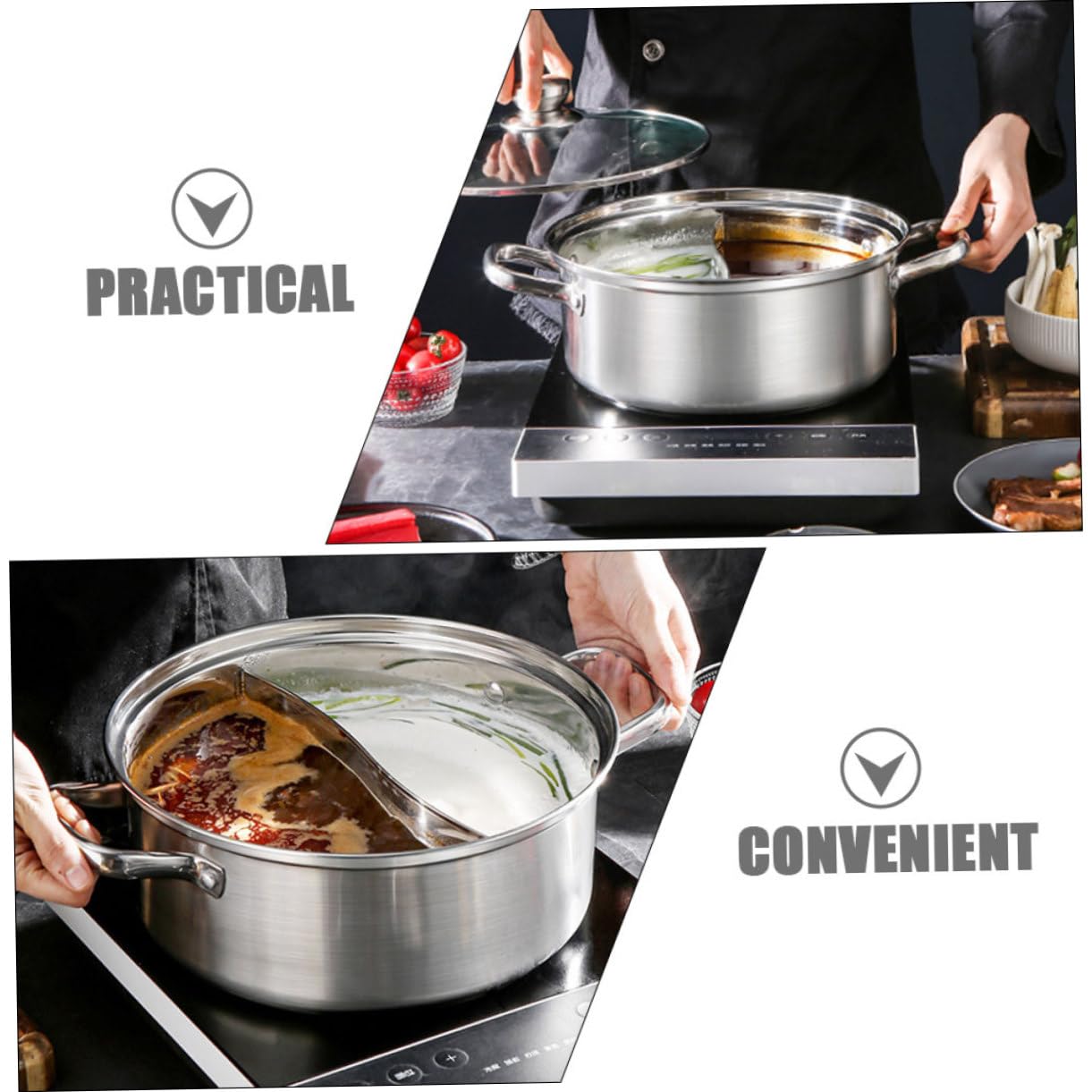 IMIKEYA Stainless Steel Hot Pot Double Handle Induction Cooker Pot for Divided Cooking Thickened Design for Even Heat Distribution for Family Meals