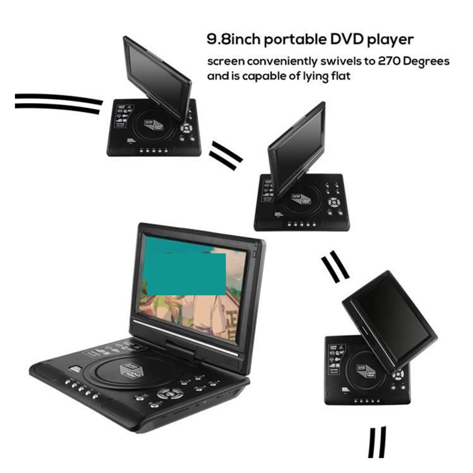 Lecteur DVD Portable, 9,8 Pouces Portable Accueil Voiture Lecteur DVD VCD CD Jeu TV Lecteur USB Radio Adaptateur, Prend en Charge Plusieurs Médias