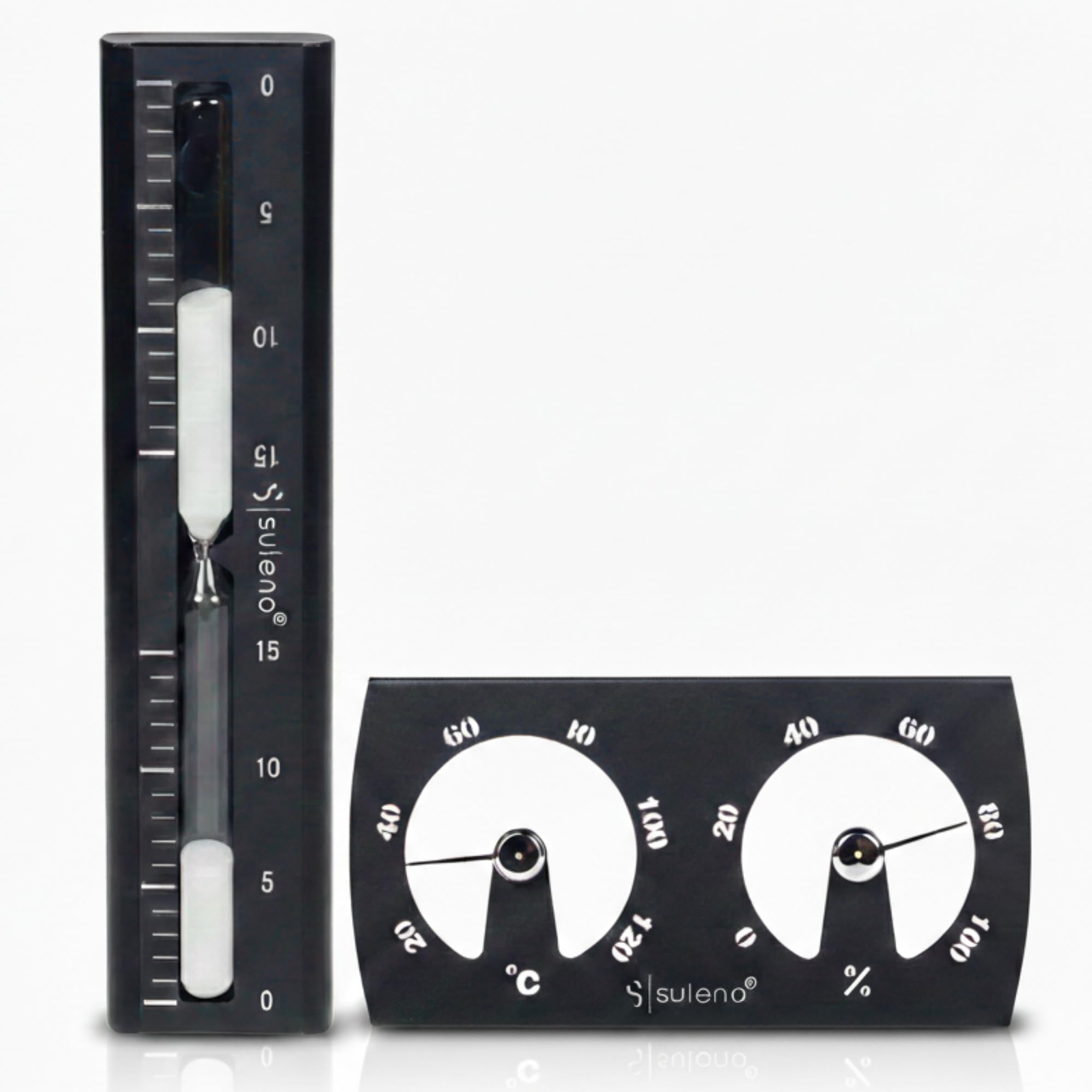 SULENO Sauna Set KJELL 2-teilig, Sanduhr 5-15 Minuten, Klimamesser, Schwarz | Thermometer 20-120°, Hygrometer 0-100%, Saunazubehör, hitzebeständig, modern, Wandmontage, Sandclock, Zeitmesser, Messgerät