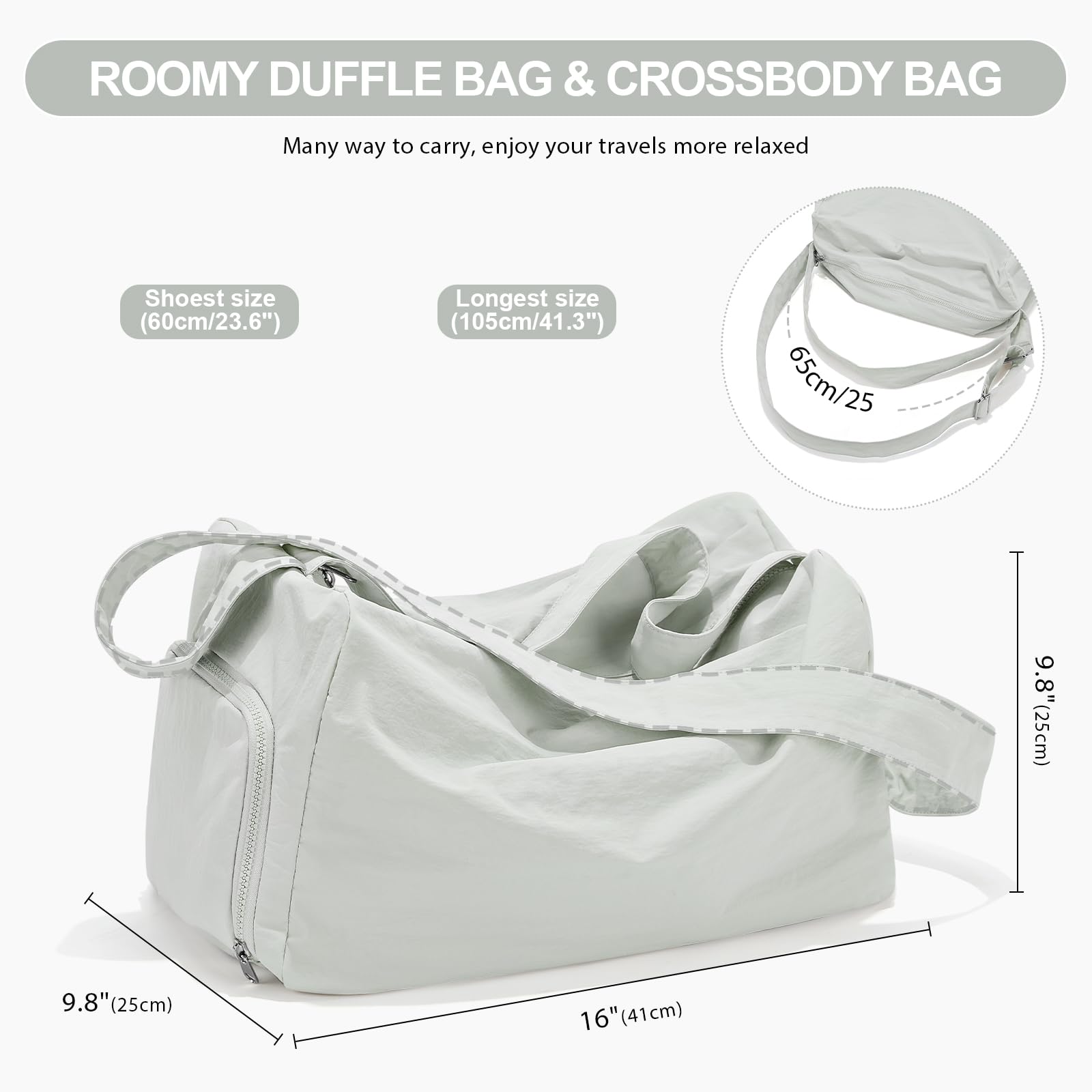 Bolsa de gimnasio pequeña, bolsa de mano, bolsa de lona ligera para entrenamiento, viajes, fin de semana de hombro durante la noche para mujeres, Gris Verde