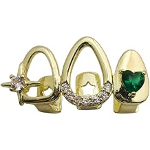 Gold Plated Teeth Gems Grillz for Men, Heart Star Hollow Tooth Cap