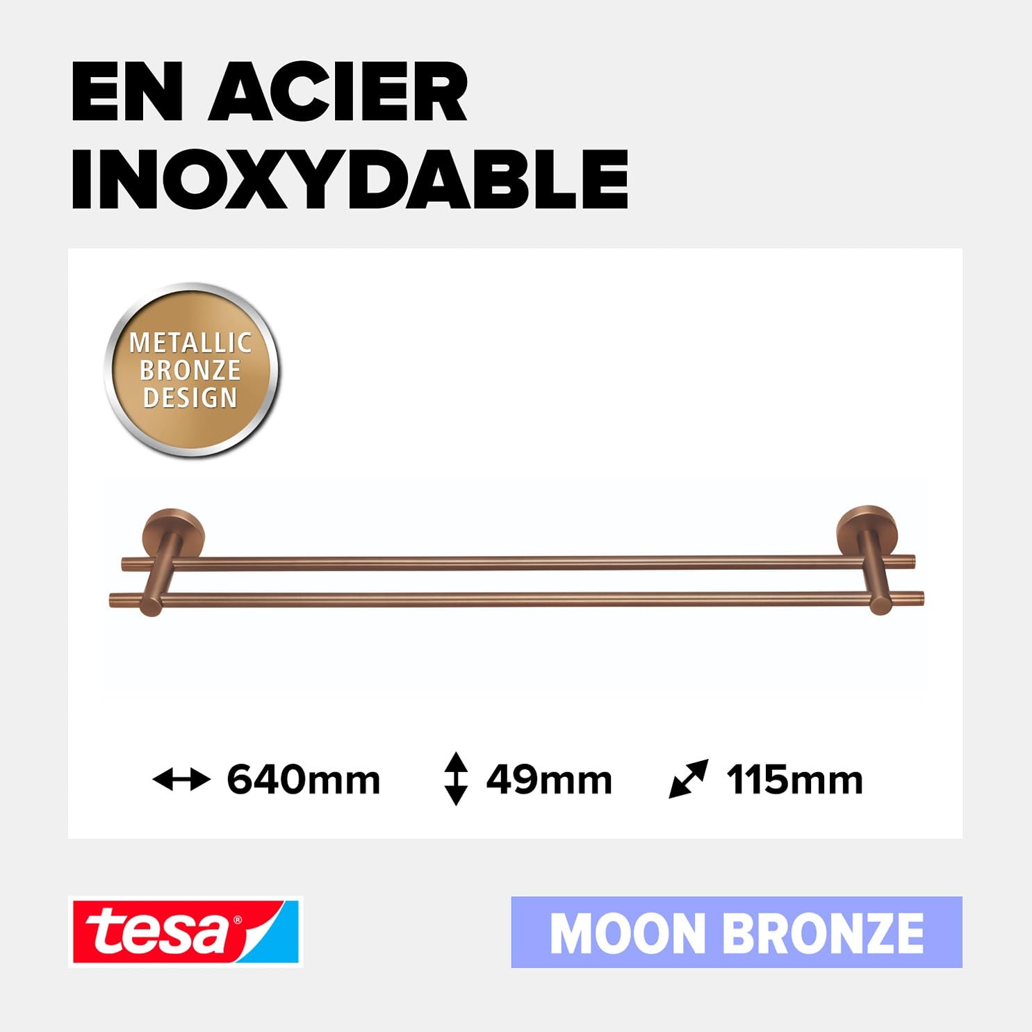 tesa Moon Double Porte Serviettes en Bronze Brossé - Porte Serviettes Autocollant à 2 Tiges en Métal, Revêtement PVD - sans Perçage avec Solution Adhésive - 112 mm x 640 mm x 50 mm