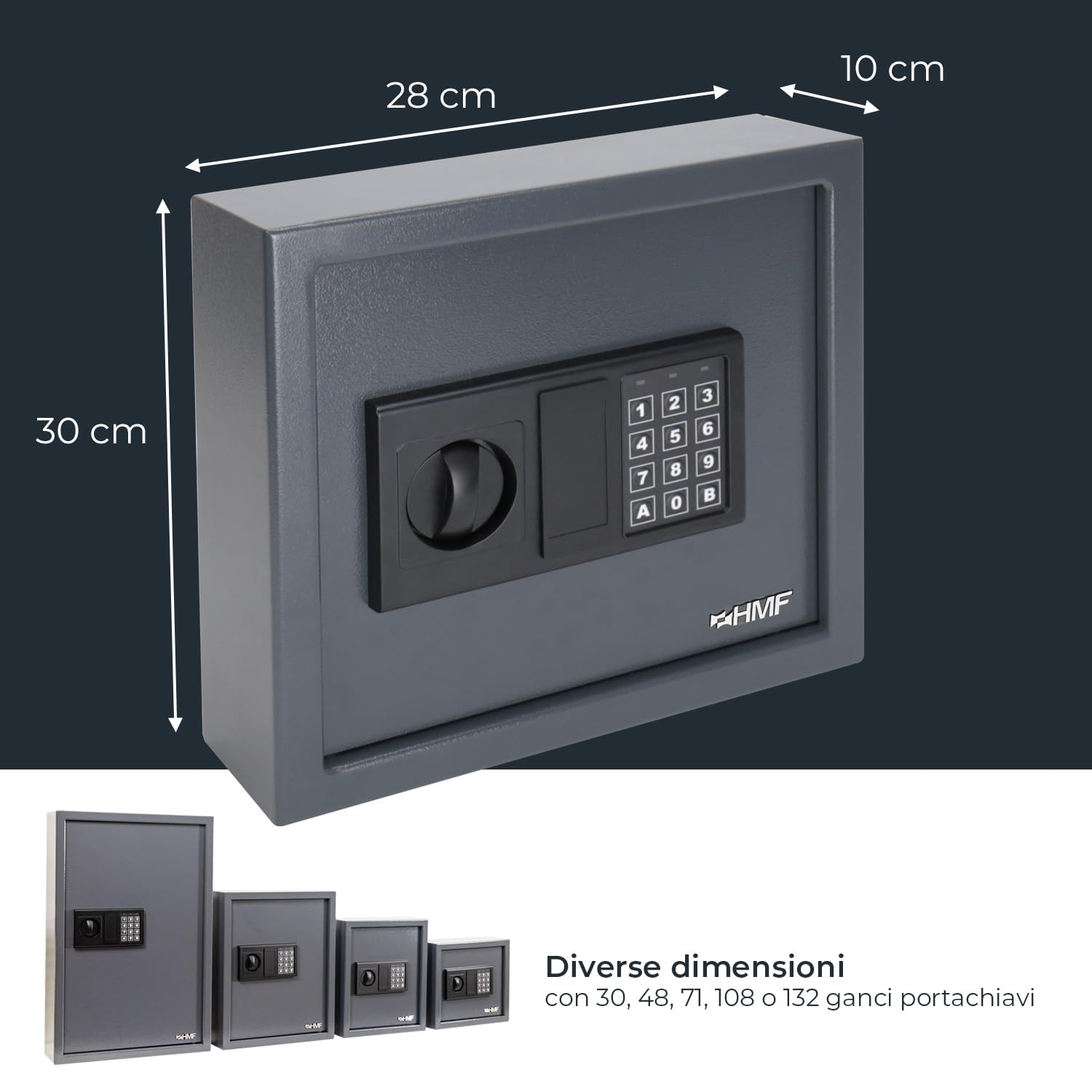 HMF Cassaforte Portachiavi con codice numerico, Armadietto Portachiavi con serratura elettronica | 30 ganci | 30 x 28 x 10 cm | Antracite
