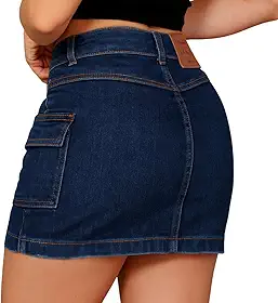 Saia Cargo Jeans Feminina Juvenil, Azul, com Bolsos Utilitários, Tamanhos 32 a 36, Cintura Média