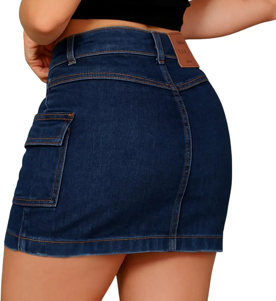 Saia Cargo Jeans Feminina Juvenil, Azul, com Bolsos Utilitários, Tamanhos 32 a 36, Cintura Média