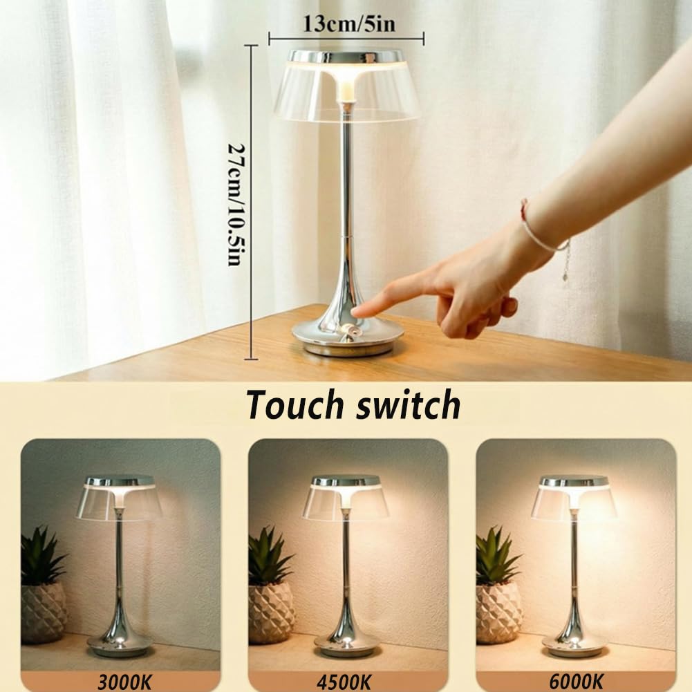 LED Tischlampe Pilz Kabellos Akku Pilzlampe Dimmbar Touch Control Tischleuchte USB Aufladbar Batteriebetrieben Pilzlampe Innen und Außen Tragbare Mushroom Lampe Chrom Nachttischlampe,Silber