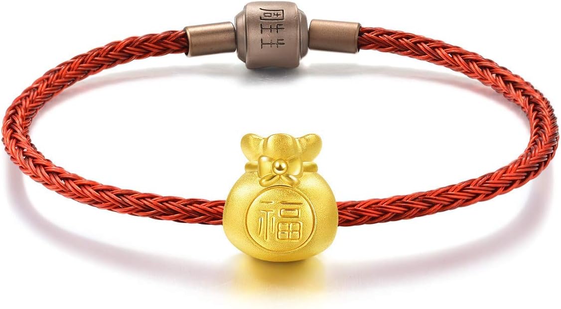 999 24K Solid Gold Blessing Bracelet, Fortune Bag Charm Red Bracelet for Women 89197C