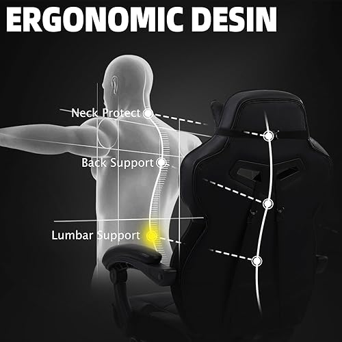 Miniatura 8 de Vonesse Silla para videojuegos, silla de computadora con reposapiés y masaje, silla de jugador de respaldo alto grande y alta, sillas reclinables