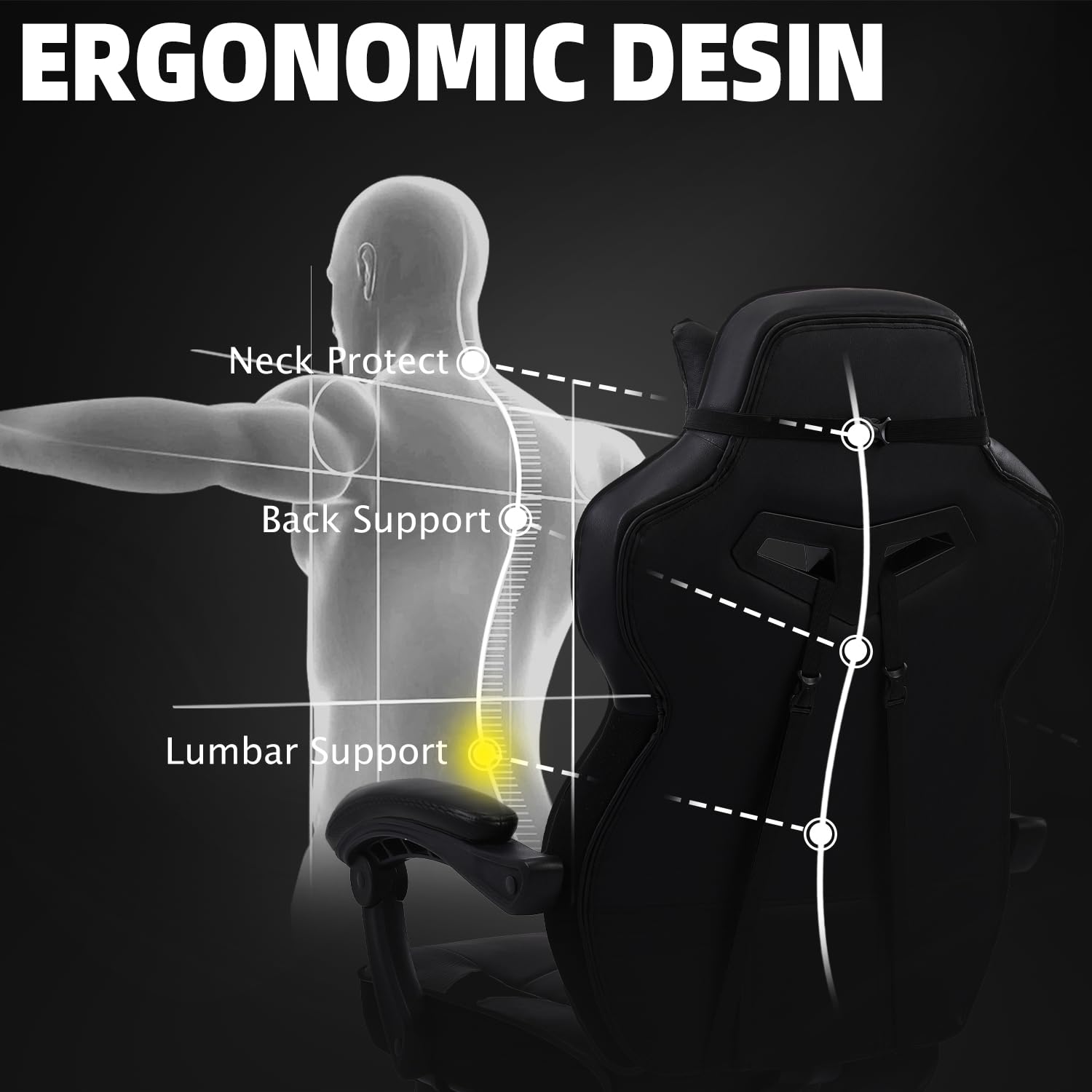 Vonesse Gaming Chair, High Back Gaming Chair with Footrest and Massage, Gaming Chairs for Adults with Pocket Spring Cushion, Big and Tall Reclining Computer Chair with Lumbar Support (): Classic Black