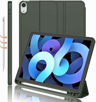 iMieet iPad Air 11 Inch Case M4/M3/M22026/2025/2024, iPad Air 5th/4th Generation Case 2022/2020 10.9 Inch with Pencil Holder,Trifold Stand Smart Case with Soft TPU BackDark Green