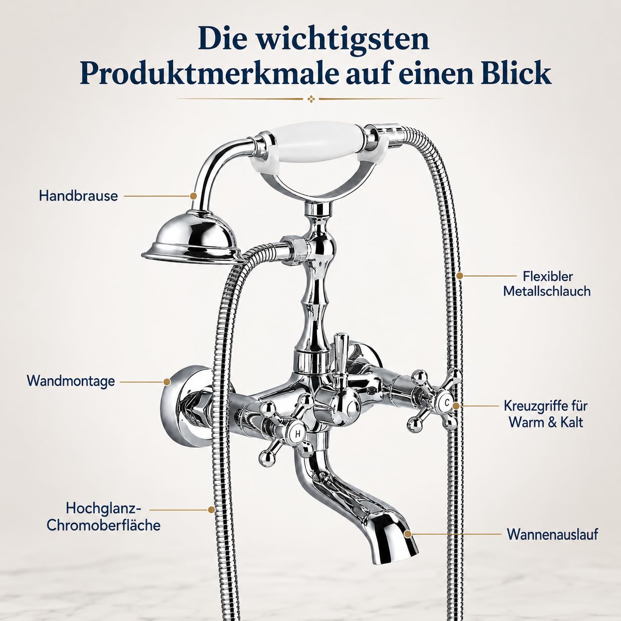 Retro Badewannenarmatur mit Handbrause, Chrom Wannenarmatur mit Brause Duschkopf, Duscharmatur Wasserhahn Badewanne Set für Bad Dusche, 1,5m Duschschlauch
