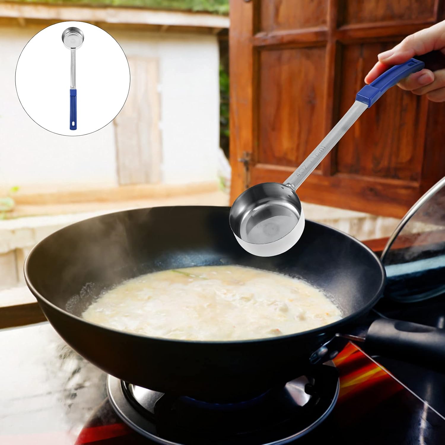 Long Handle Portion Control Serving Spoon, Stainless Steel Blue Ladle