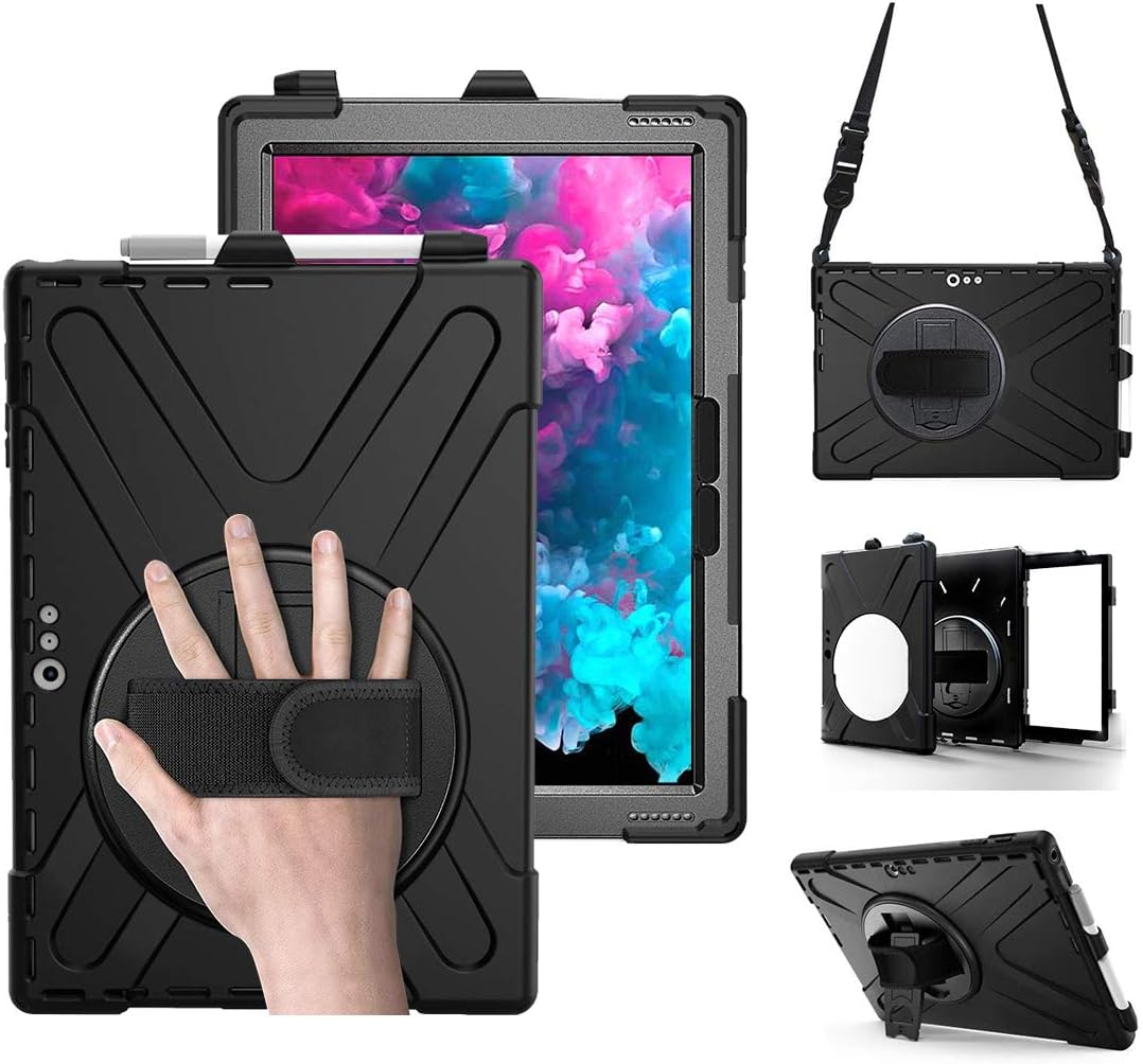Case for Microsoft Surface Pro 7 Plus/Pro 7/6/5/2017/4/LTE 12.3 Inch Tablet, Heavy Duty Shockproof Protective Rugged Cover With Rotating Stand, Hand Strap, Shoulder Strap - Black