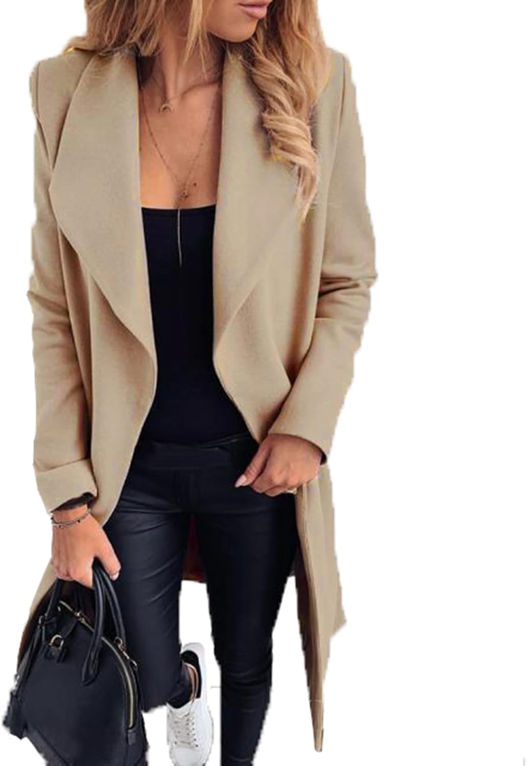Women Lapel Collar Waist Belted Pea Coat Solid Color Open Front Coats Long Sleeve Coat