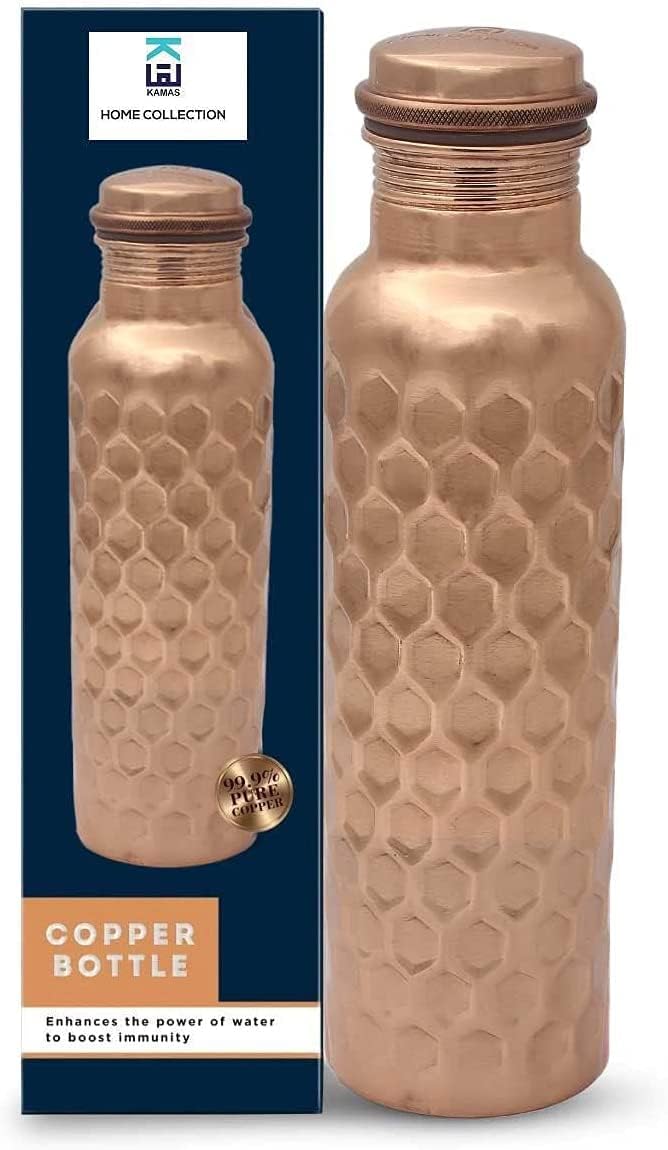 KHC 100% Pure Copper Water Bottle Handcrafted | 34 Oz 1 Litter Copper Water Vessel - Drink More Water Bottle in many Patterns– Large -Leak Proof - Smooth Finish (Diamond Copper Bottle)