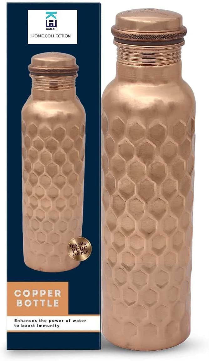 KHC 100% Pure Copper Water Bottle Handcrafted | 34 Oz 1 Litter Copper Water Vessel - Drink More Water Bottle in many Patterns– Large -Leak Proof - Smooth Finish (Diamond Copper Bottle)