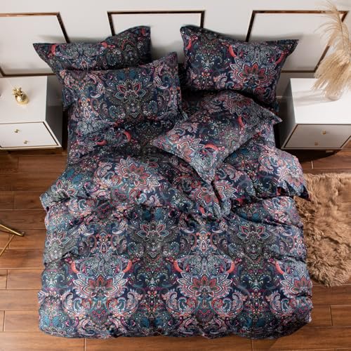 VM VOUGEMARKET Retro Paisley Duvet Cover Queen Size Boho Damask Duvet Cover Sets 100% Brushed Cotton Bedding Set,1 Duvet Cover and 2 Pillow Shams for All Seasons-Stormy Blue