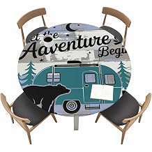 Round Fitted Tablecloth with Elastic Edge,Bear Green Tree CV on Wood Grain Waterproof Table Cover Fits 55"-60" Circle Tables,Abstract Adventure Table Cloth for Home Kitchen Dining Party