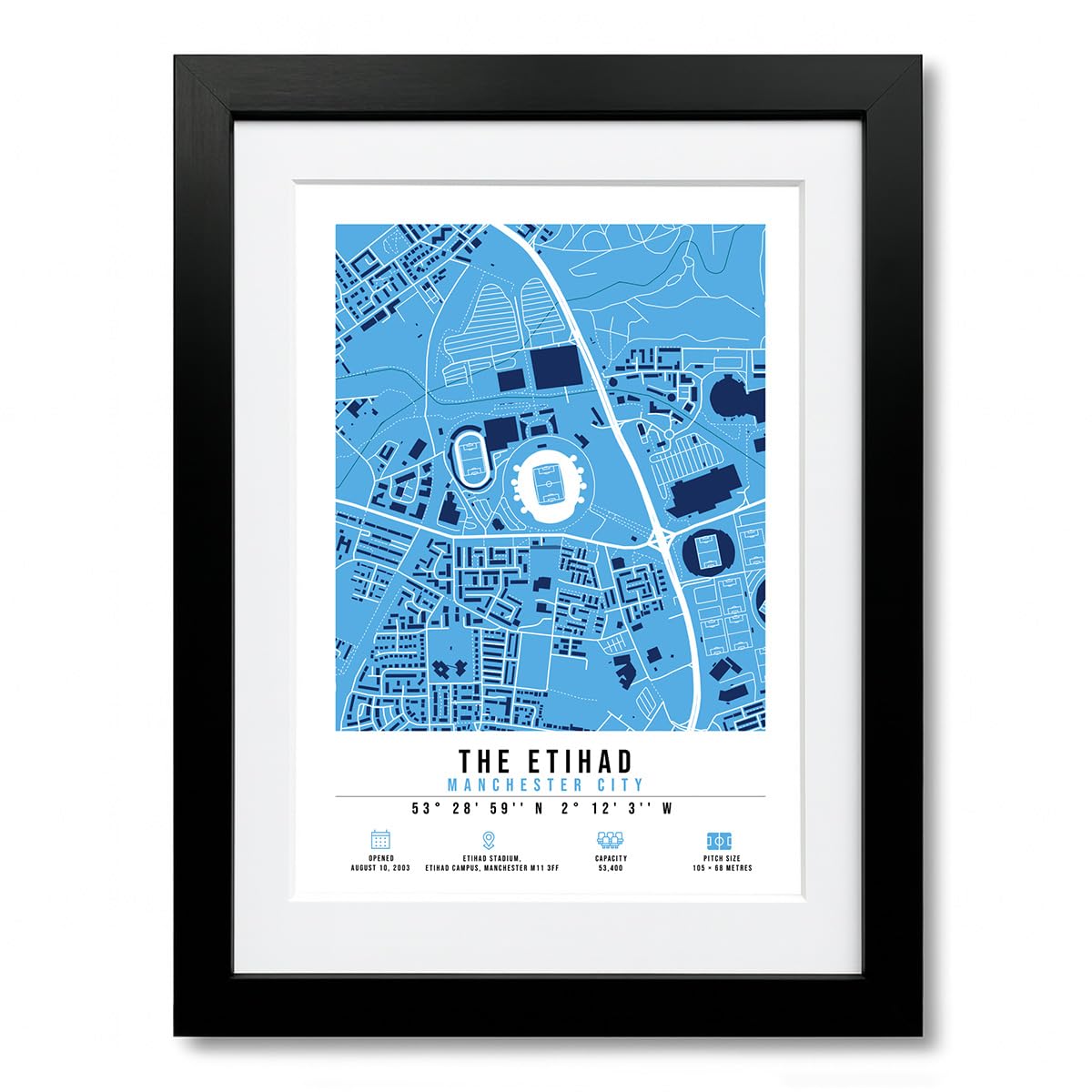 The Etihad Stadium Map Minimalist A4/A3 Poster Photo Print Framed Gift Manchester City (A4 Black Framed & Mounted)
