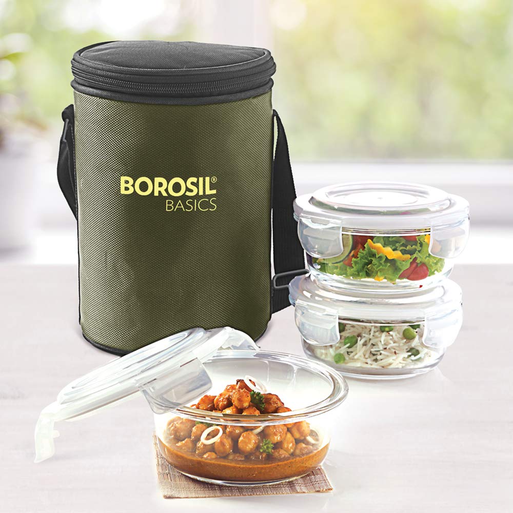 Borosil Basics Glas Brotdose 3er Set 400ml rund mikrowellengeeignet Büro Tiffin