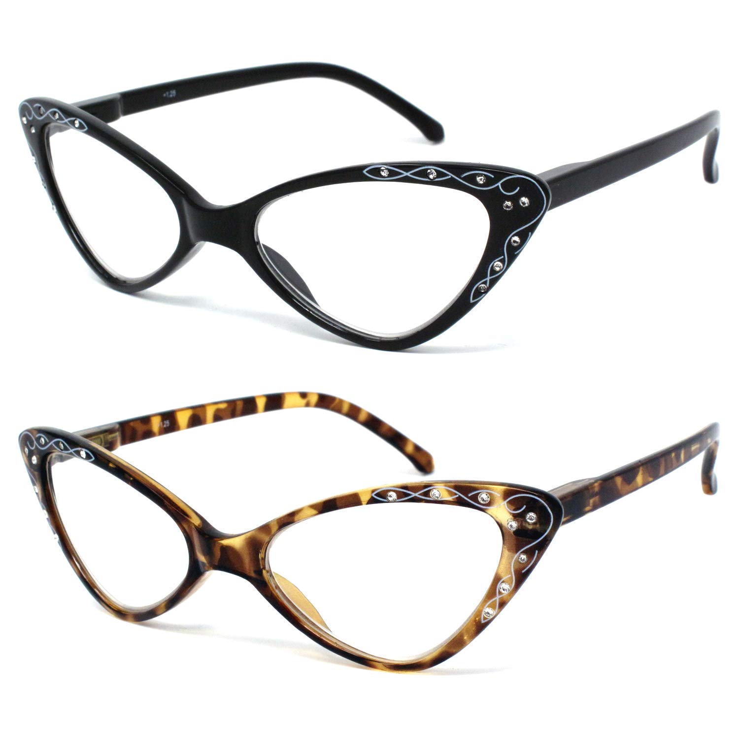 2 Pack Retro Cat Eye Reading Glasses | Cateye Glasses for Women | Cat Eye Readers with Spring Hinge | Womens Readers (Black and Tortoise Brown, 3.00 Strength)