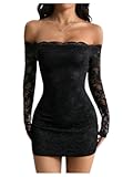 Women's Lace Long Sleeves Mini Dress Y2K Fall Sexy Off The Shoulder Bodycon Night Out Birthday Party Dresses