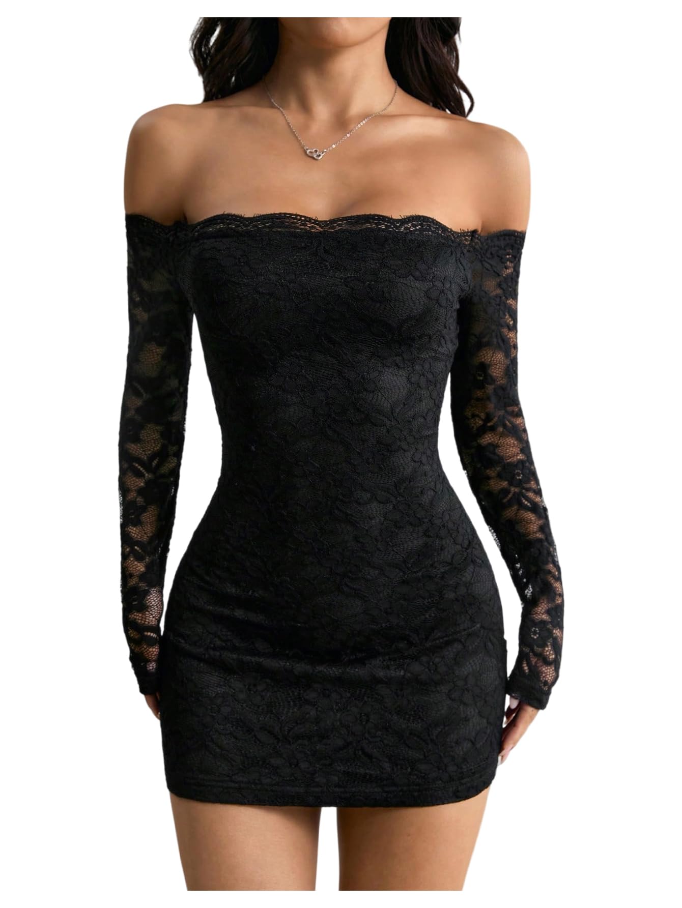 GORGLITTER Womens Lace Long Sleeves Mini Dress Y2K Fall Sexy Off The Shoulder Bodycon Night Out Birthday Party