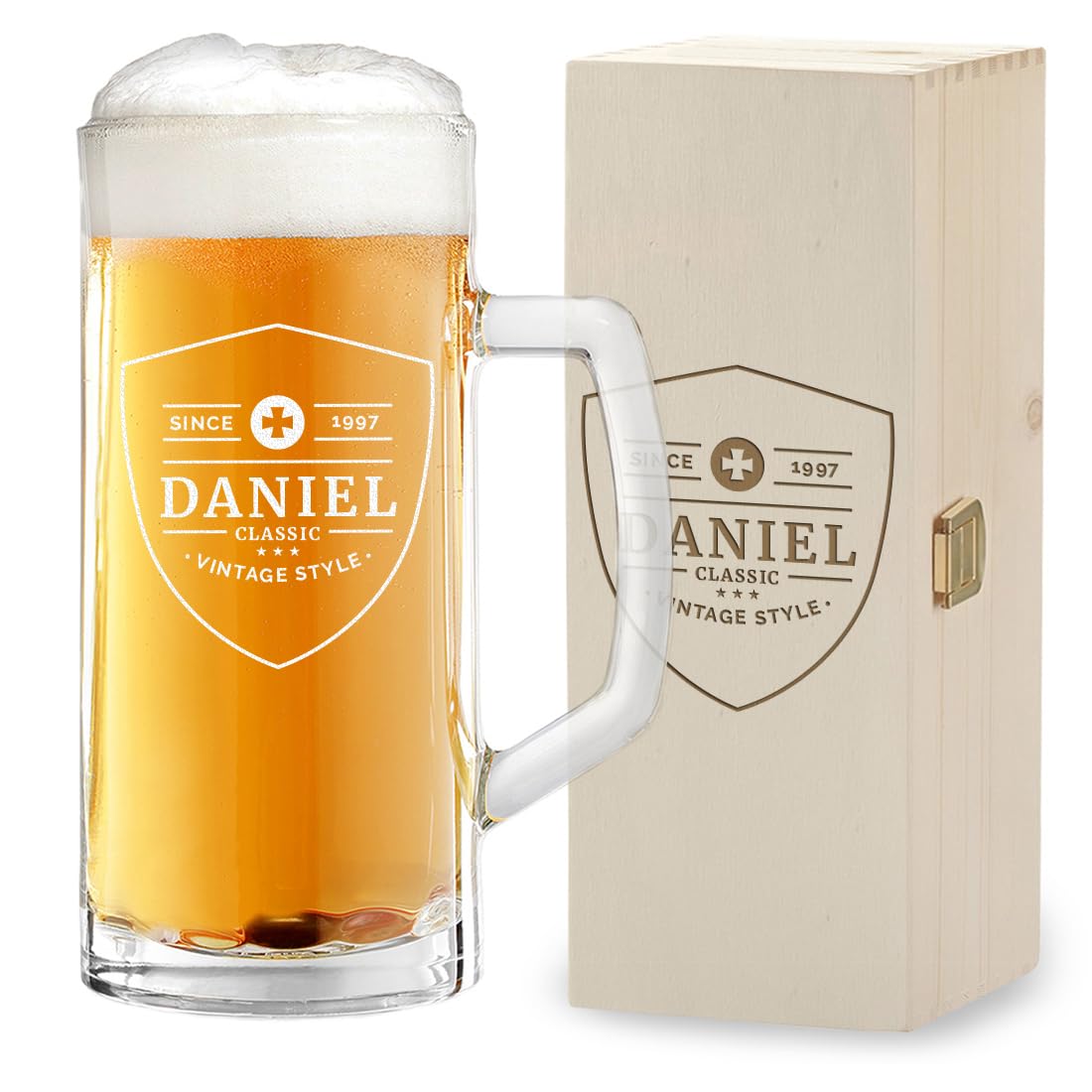 2er-Set Bierkrug 500 ml und Holzkiste zum Geburtstag und Jubiläum mit Gravur - Bierseidel für Männer - das Geburtstagsgeschenk - Bierglas für Väter - extra spülmaschinenfest - Motiv Vintage Style