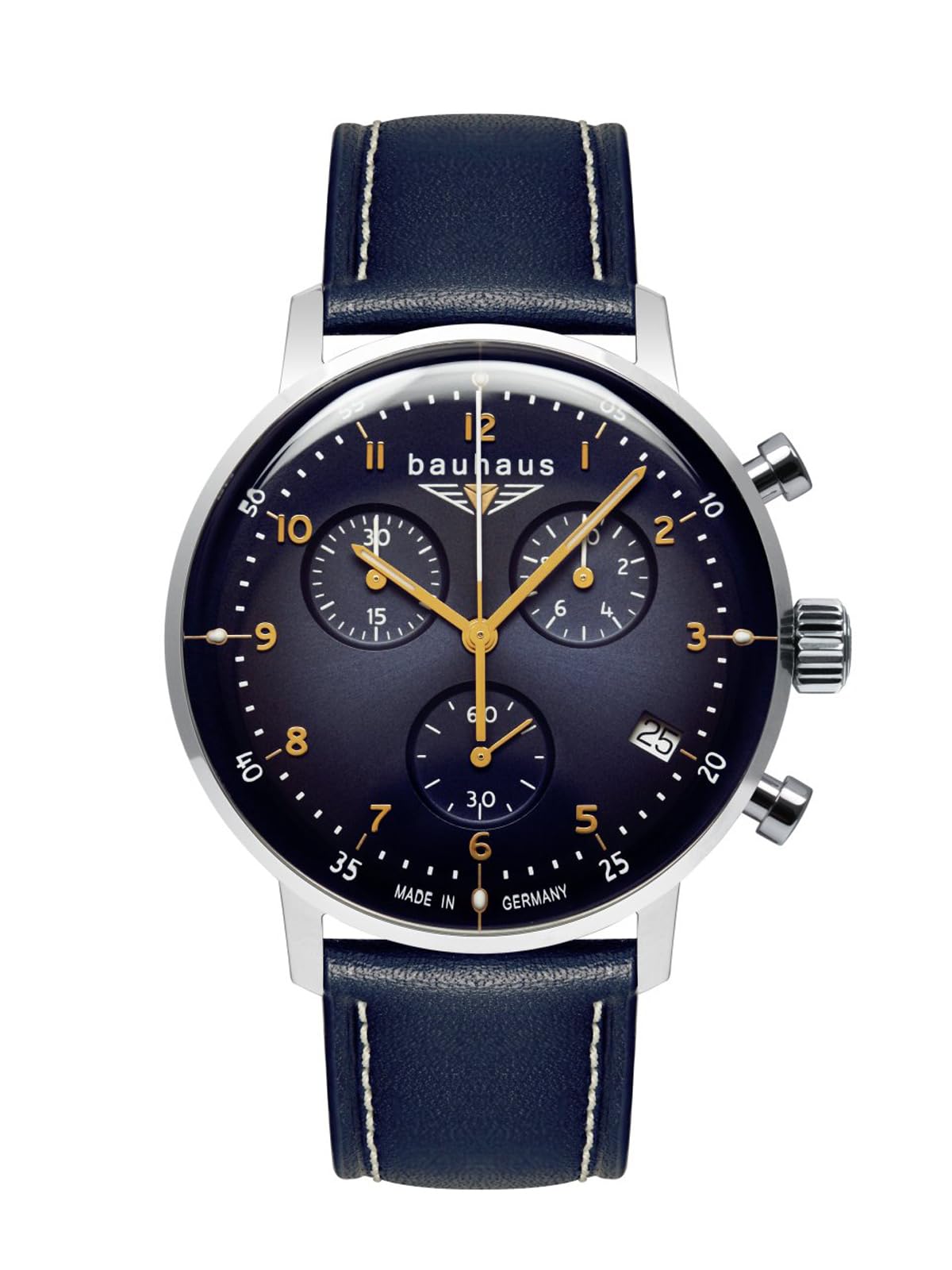 Bauhaus 2096-3 - Cronografo da uomo argento con cinturino in pelle blu e movimento al quarzo - Made in Germany