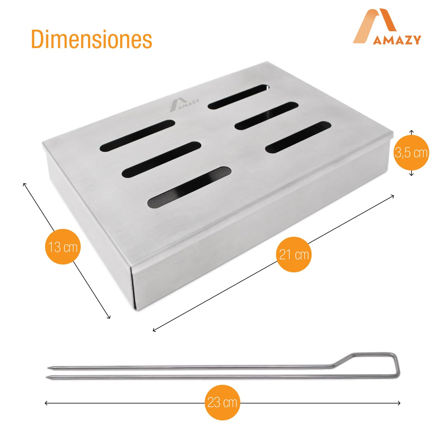 Amazy Caja ahumadora + 2 brochetas + 2 Tipos de virutas de Madera (Haya y Roble) – Caja de Ahumado para Carne o Pescado Apta para lavavajillas
