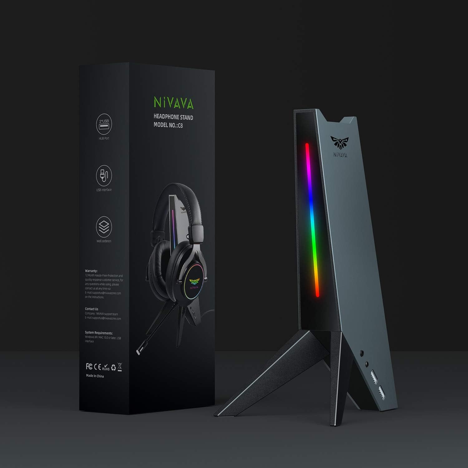 Best Cyber Monday 🔥 Nivava C8 RGB Headphone Stand, Gaming Headset Stand Holder with 3.5mm AUX 2 USB Ports for Gamer Gaming PC Accessories Desk (Gray)