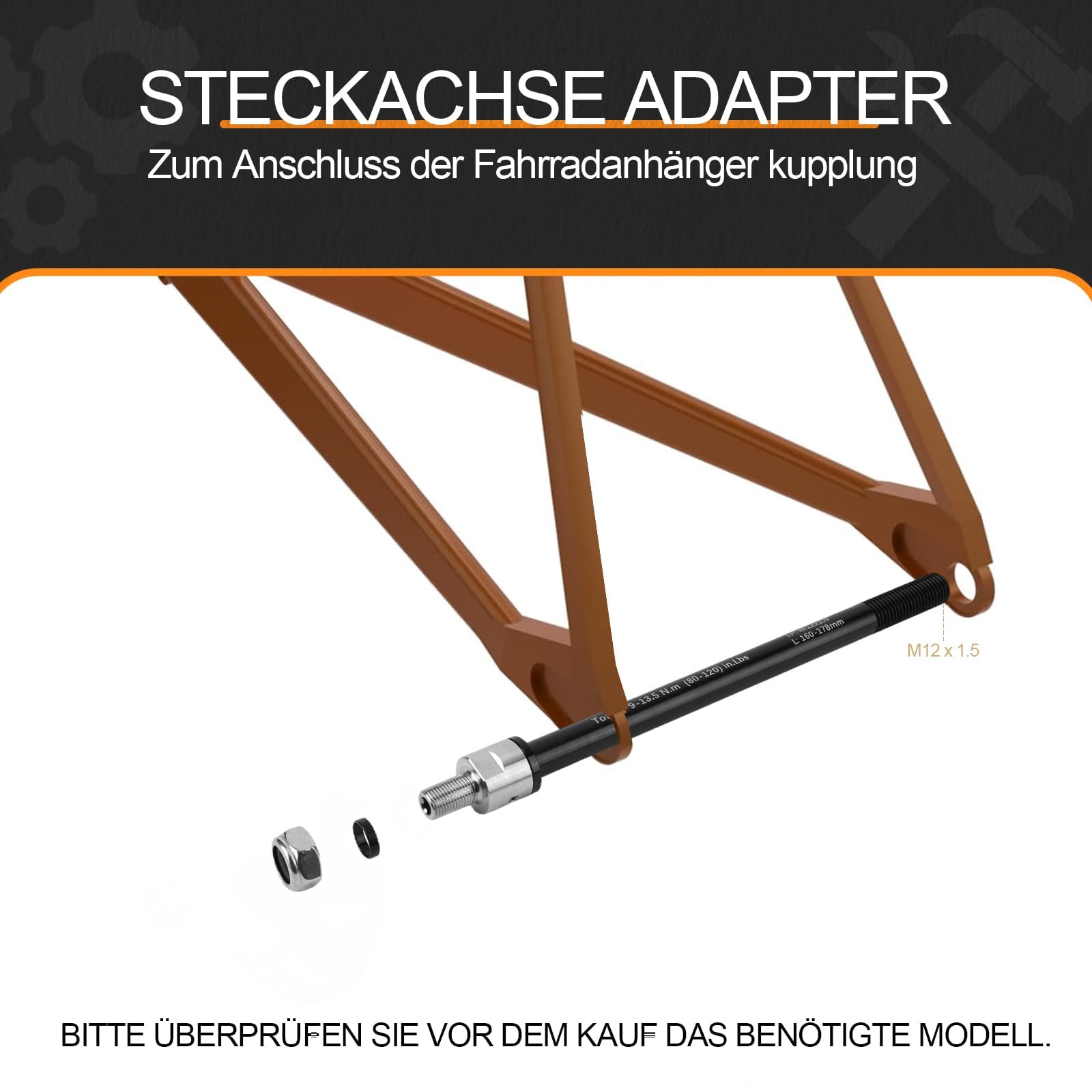 Steckachse Fahrradanhänger, M12 160-178 mm Steckachse, Fahrradanhänger Kupplung, Steckachse kompatibel mit den meisten Fahrradanhänger kupplungen