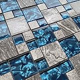 Hominter Gray Marble Backsplash Tile Polished Stone Teal Blue Glass Bathroom Shower Wall Versaille Patterns Mosaic for Kitchen Fireplace Decor (5 Square Feet)