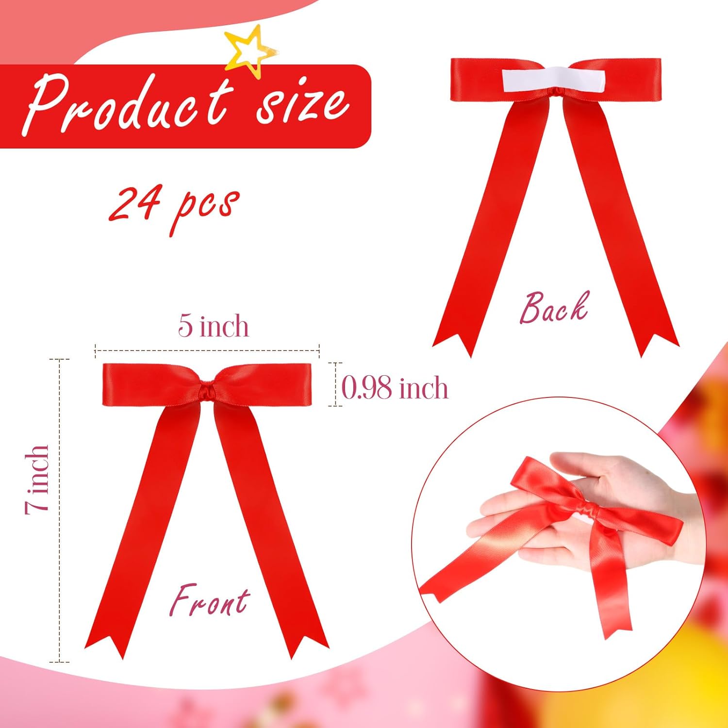 Riceshoot 24 Pcs Satin Ribbon Bows 5x7'' Self Adhesive Stick On Premade Satin Bows with Double Sided Tape for Gift Wrapping Crafts Wedding Christmas Birthday Balloons(Red,1 Inch Wide) - Image 2