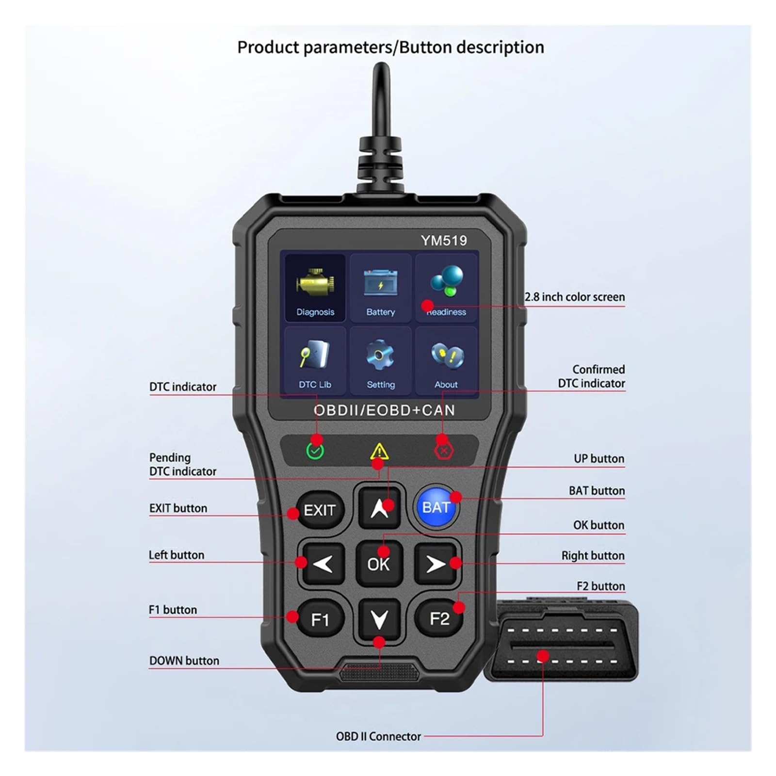 Skaner kodów usterek Wielojęzyczny system Check Engine Czytnik Narzędzie diagnostyczne samochodu OBD2 YM519 Tester akumulatorów,Przyjazny dla użytkownika