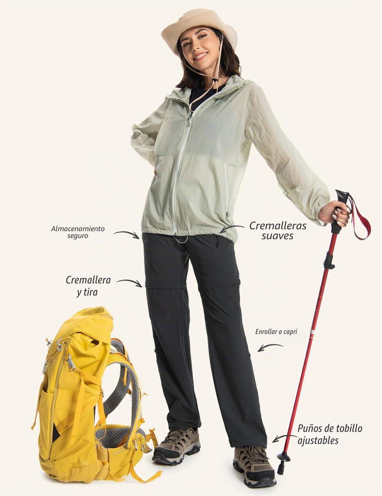 Wespornow Pantalones de Desmontable Senderismo para Mujer, Ligeros, de Secado rápido, elásticos, para Exteriores, UPF 50, Angel Safari, Cargo Capri, Bolsillos con Cremallera | Pantalones de trekking 3 en 1 con función impermeable, con buen ajuste, para sa